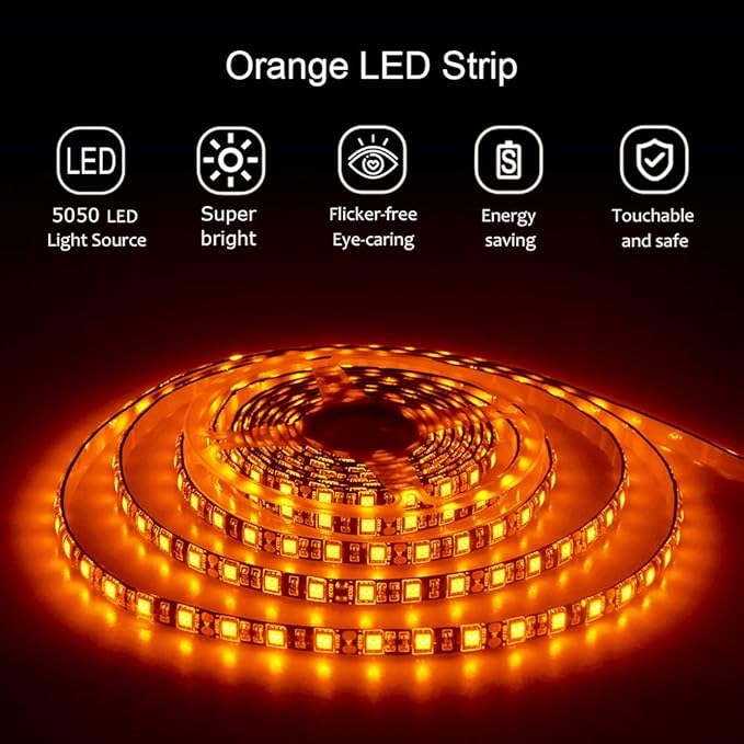 ALITOVE Orange LED Strip Lights 16.4ft 5050 SMD Black PCB 5M 300 LEDs Waterproof IP65 12V DC for Home Hotels Clubs Shopping malls Cars Lighting