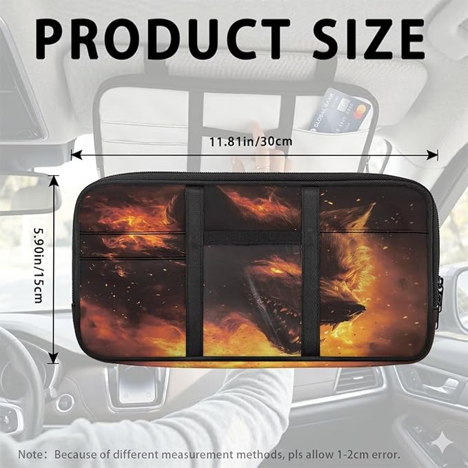 Wolf Car Sun Visor Organizer, Auto Interior Accessories Pocket Organizer Glasses Clip， Truck SUV Storage Pouch Holder with Double Zipper Pockets