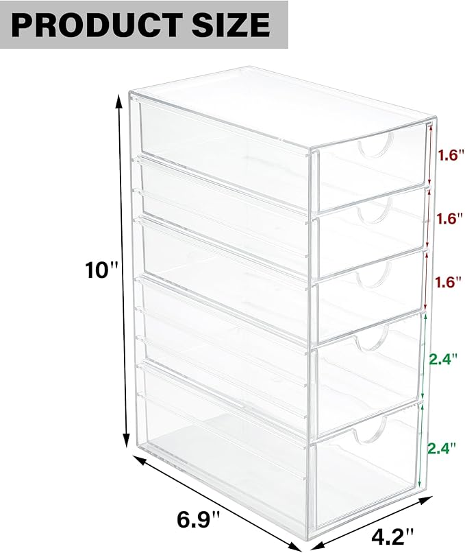 Prsildan Acrylic Drawer Makeup Organizer with 5 Drawers, Hair Accessories Organizer, Office Desk Organization, Clear Stackabl