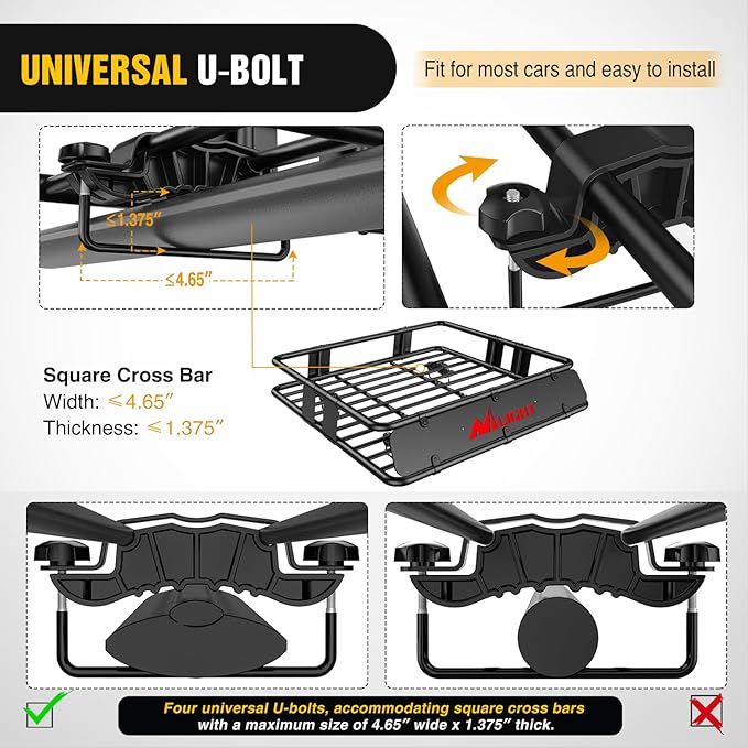 Nilight 43" x 39" x 6" Universal Roof Rack Cargo Basket Heavy-Duty 250LBS Capacity Rooftop Cargo Carrier with Cargo Net Ratchet Straps Luggage Holder for SUV Truck Vehicle