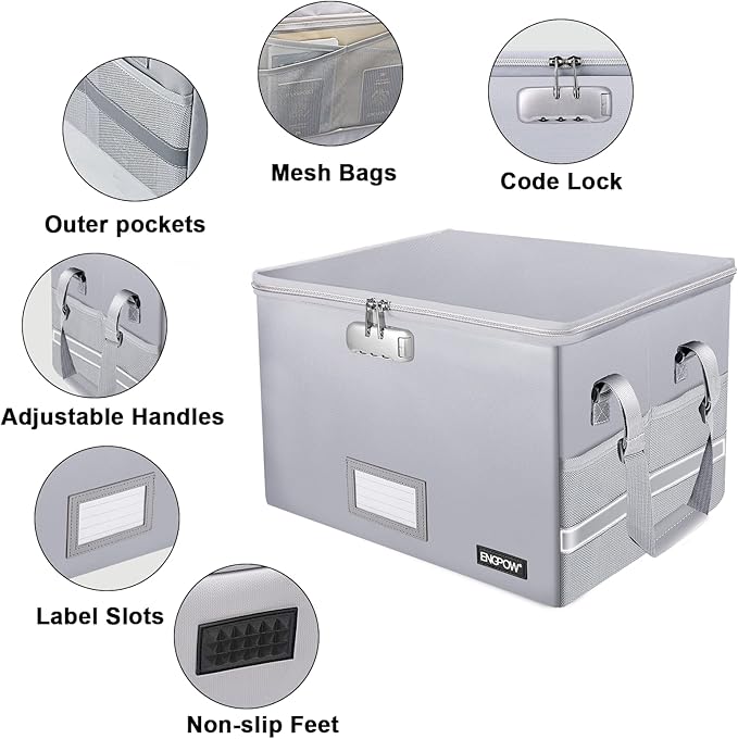 ENGPOW File Box with Lock, Fireproof Document Box with Pockets, Collapsible File Organizer Filing Storage Cabinet with Handle