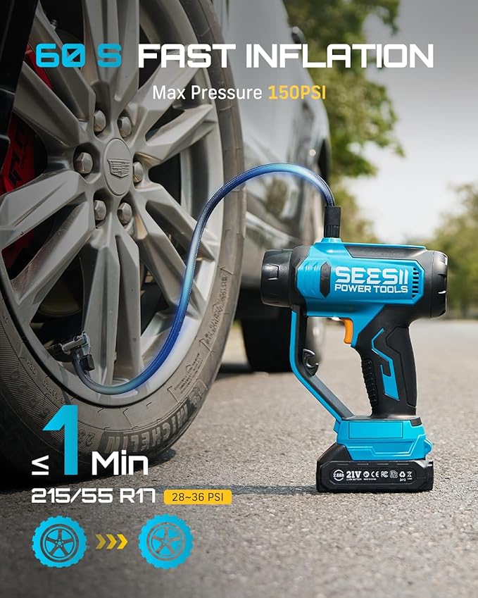 SEESII 3-in-1 Tire Inflator: Portable Air Compressor & Car Vacuum Cordless & Led Work Light with 2×2000mAh Batteries, 21V Tire Air Pump 150PSI w/Digital Gauge+Auto-Shutoff for Ball/Bike/Car/Home