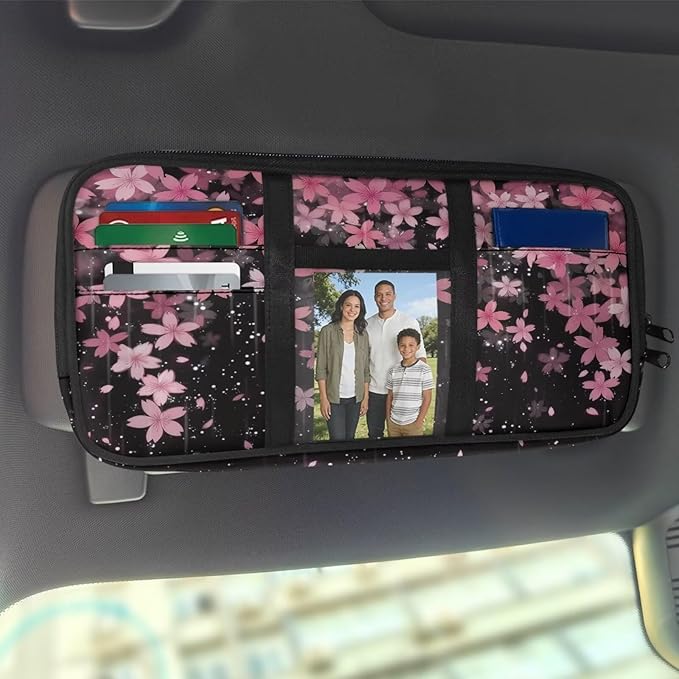 Car Sun Visor Organizer,Cherry Blossom Theme Card Sleeve Pocket with Double Zippers Adjustable Straps Auto Interior Accessories for SUV Truck Pickup