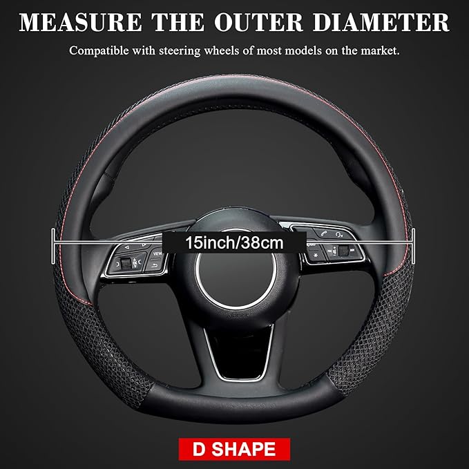 KAFEEK D Shape Steering Wheel Cover, Universal 15 inch, Microfiber Leather Viscose, Breathable, Anti-Slip,Warm in Winter and 