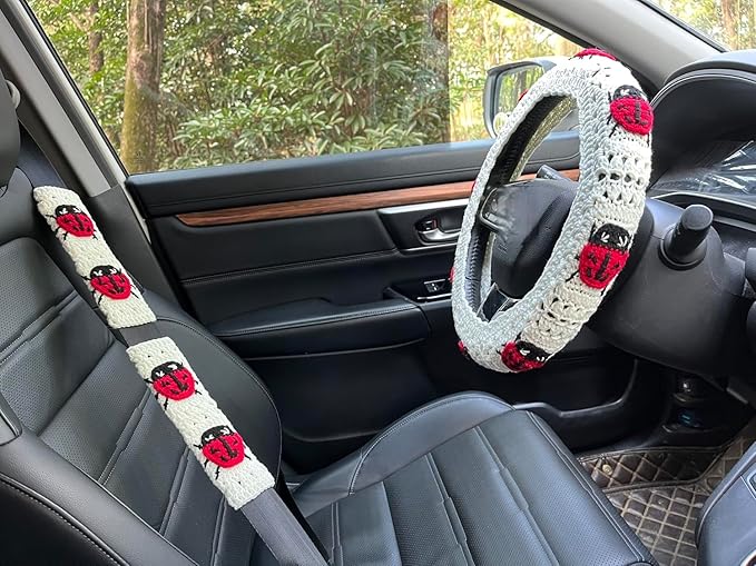 Crochet Ladybug Steering Wheel Cover Universal 14-15 inch (A,Wheel Cover+2 Belt Cover)