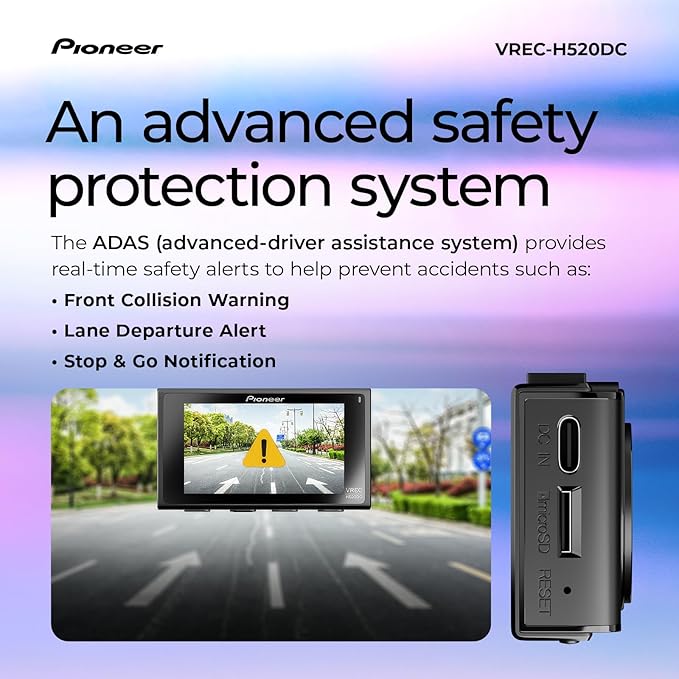 Pioneer VREC-H520DC Dual Dash Cam Front and Rear Car Camera - Large Screen, 2K Resolution, Starvis Night Vision, 140 Degree W