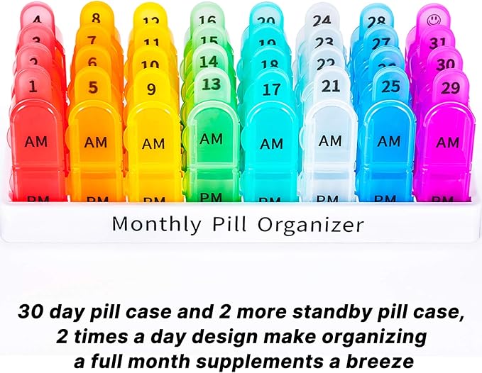 Daviky Monthly Pill Organizer 2 Times a Day - 30 Day Pill Box AM PM, BPA Free One Month Medicine Organizer Twice Daily, 31-Da