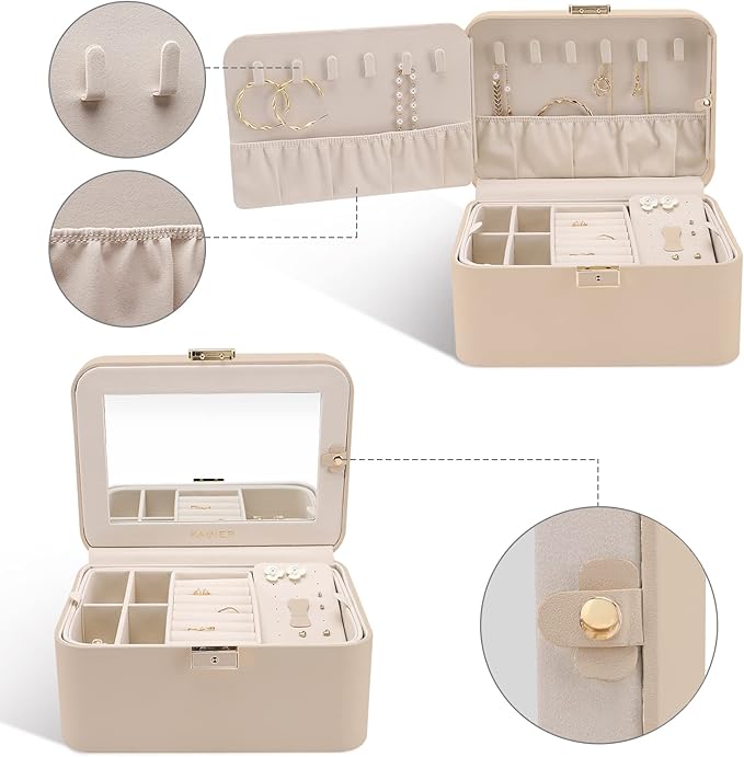 Upgraded Jewelry Box, 2 Layers PU Leather Jewelry Organizer for Women with Lock and Mirror, Hidden Necklace Hook and Removabl