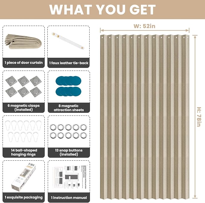 Jilron Accordian Door Curtain, 100% Blackout Folding Magnetic Doorway Curtains,Linen Style Closet Doors,for Room Divider,Priv