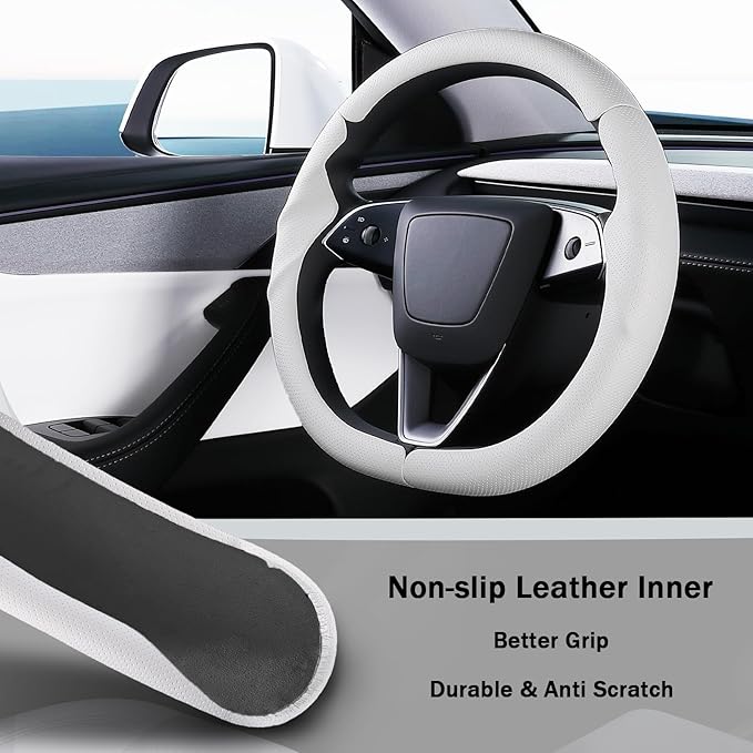Steering Wheel Cover for Tesla Model 3 2024-Present Highland/Tesla Model Y Juniper 2025-Present, Leather Steering Wheel Cover for Tesla Model 3 Highland/Y Juniper Accessories, White