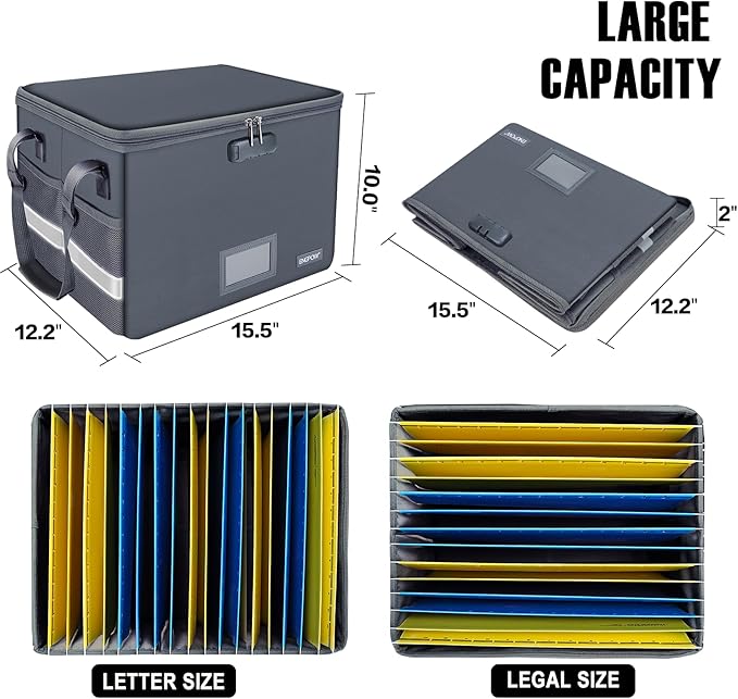 ENGPOW File Box with Lock, Fireproof Document Box with Pockets, Collapsible File Organizer Filing Storage Cabinet with Handle