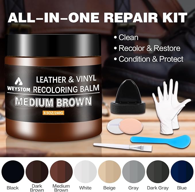 Leather Recoloring Balm - Medium Brown Leather Repair Kit for Furniture, Dye, Recolor, Renew, Repair & Restore Aged, Faded, C