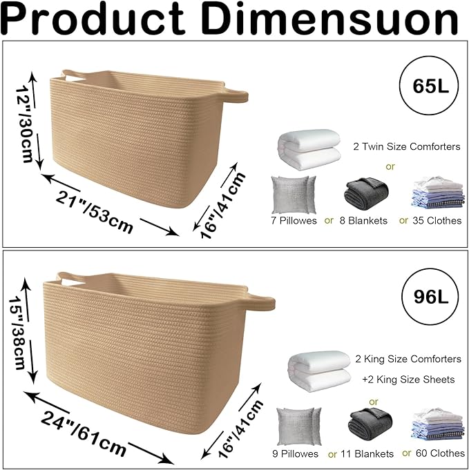 65L Large Blanket Basket,21"x16"x12" Rectangle Storage Bin with Handles,Woven Rope Laundry Basket for Toys, Clothes,Pillows,M