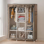 DivaDee Portable Wardrobe Closet with Cover – Freestanding Clothes Organizer with 8 Storage Shelves & Dual Hanging Rods – Spa