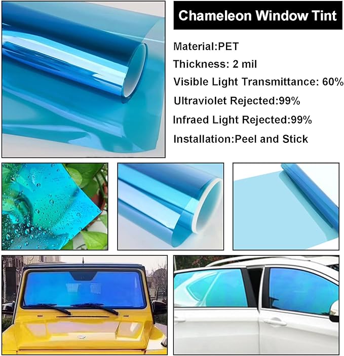 XhuangTech Chameleon Light Blue Front Window Roll Tint Solar Film Protection Scratch Resistant 60% VLT (Light Blue, 39.37" in x 9.84' Ft)