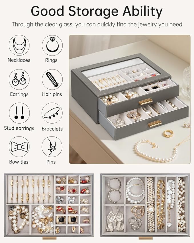 AKOZLIN Jewelry Box with Clear Lid Functional Leather Jewelry Storage Organizer Case 2 Drawers for Women Girls Necklace Ring 