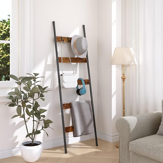 HOOBRO Blanket Ladder, 5-Tier Towel Rack with Hooks, Wall-Leaning Blanket Rack, Decorative Display Ladder Shelf, for Scarves,