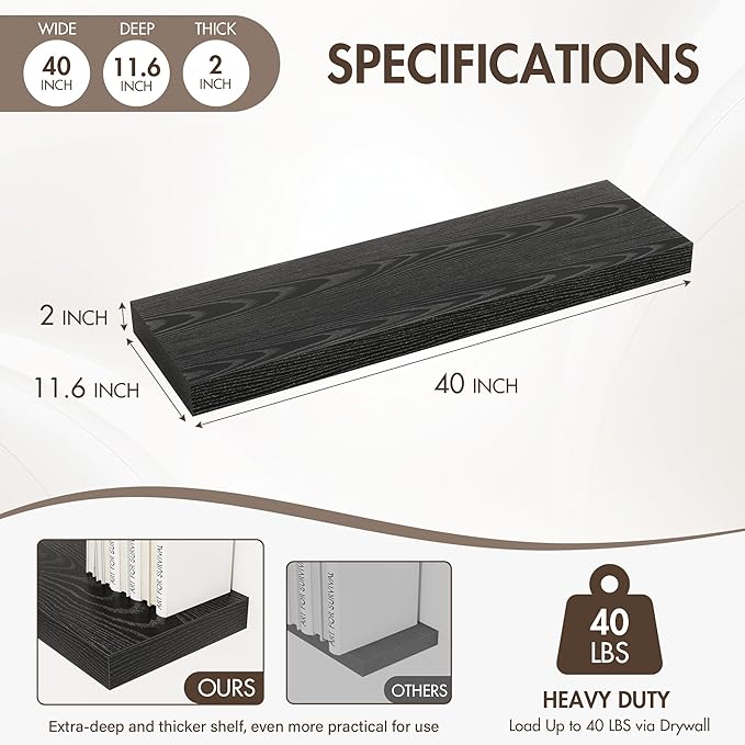 40 Inch Floating Shelves, 12" Deep Floating Shelf Wall Mounted, 40" Wall Shelves, Rustic Deep Bookshelf, Extra Deeper & Thick