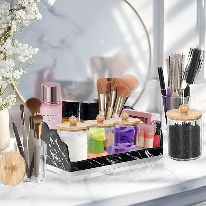 TuCao Marble Bathroom Countertop Organizer, Toothbrush Holders for Bathroom with 3PCS Qtip Holder Dispenser and Toothpaste Ho