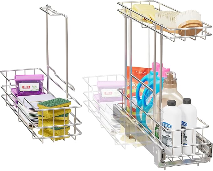 2 Tier Under Sink Organizer 11" W X18 D, Pull Out Cabinet Organizer One Removable Basket, Under Sink Slide Out Chrome Plated,