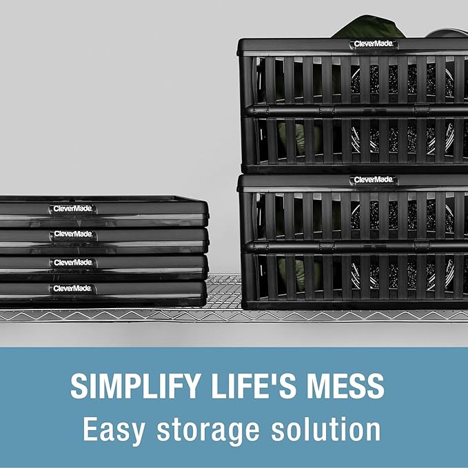 CleverMade 60L Collapsible Utility Crate (66 lb Capacity), Heavy Duty Folding Storage Crate, Stackable Plastic Organizer for 