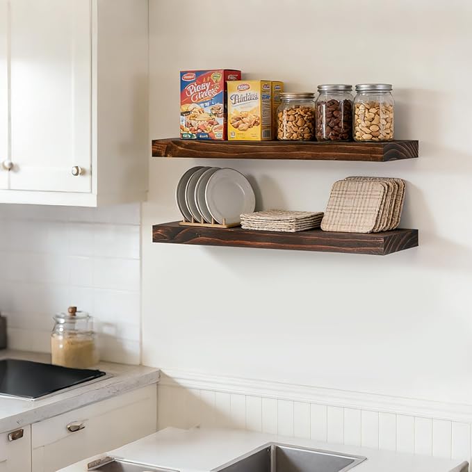 Floating Wall Shelves 24x6.8x1.7 Inch – Solid Wood Rustic Shelves in Walnut Finish – Wall Mounted Display Shelf for Bathroom,