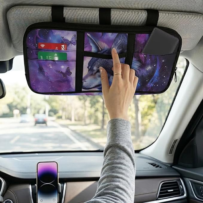 Wolf Car Sun Visor Organizer Card Cash Pouch with Multi-Pocket Pouch Case Bag for License Pen Key Auto Interior Accessories for SUV