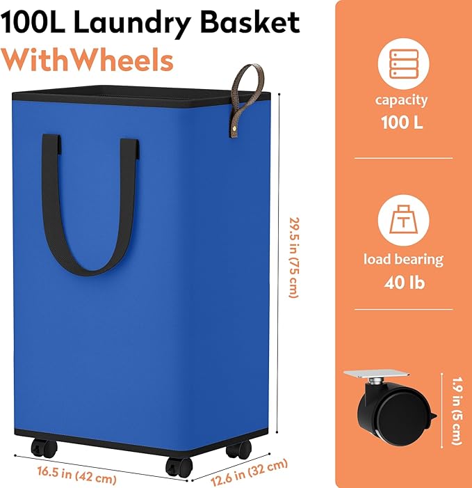 SpaceTrove Laundry Basket with Wheels, Collapsible Laundry Baskets, Laundry Hamper with Handles Detachable Wheels, Rolling La