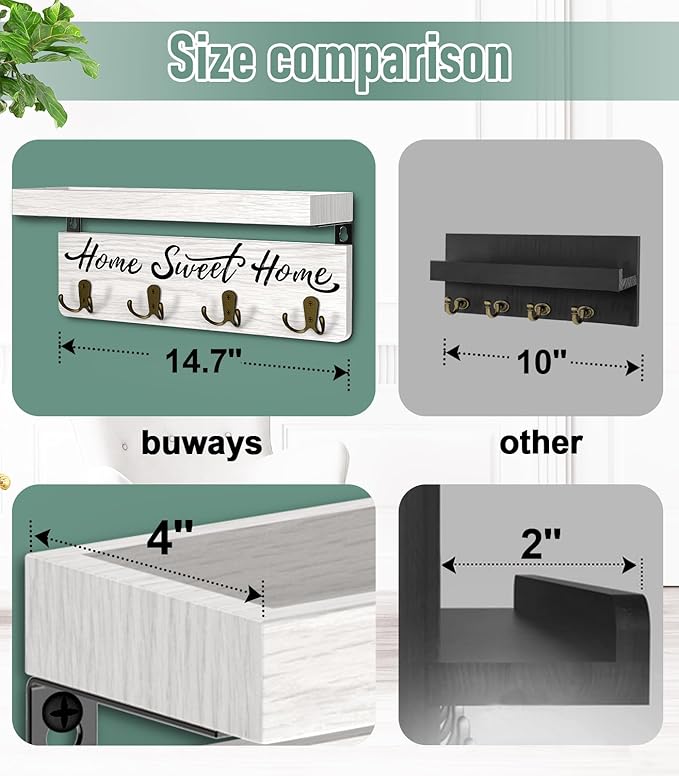 buways Wall-Mounted Key and Mail Holder, Wooden Key Rack with 4 Double Key Hooks, Rustic Home Decor for Entryway(White)