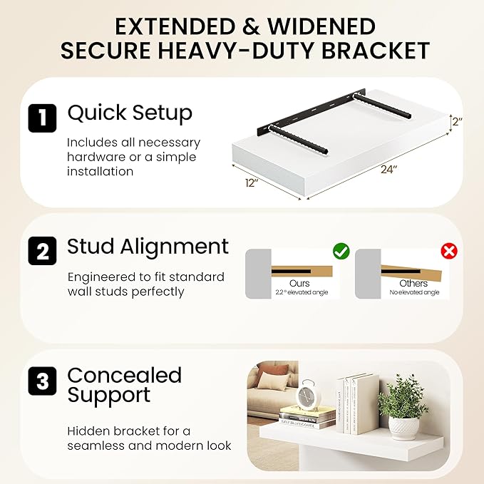 White Floating Shelves 48Inch Long, 12 Inch Deep Floating Shelves for Wall, 48 x 12 Large Floating Shelf for Fireplace Mantel