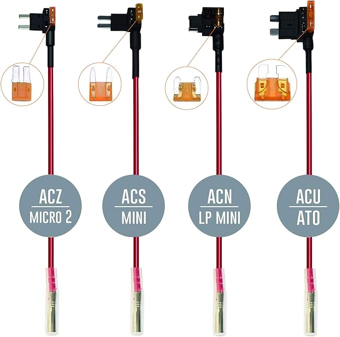 15ft Car Dash Cam Hardwire Kits,DC 5.5mm Head Charge Cable Tools w. Mini(ACS)/LP Mini(ACN)/ATO(ATC or ACU)/Micro2(ACZ) Fuse for NuCam WR & Galaxy Projector etc