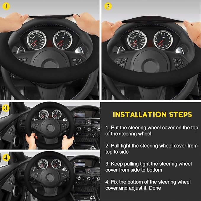 Suede Steering Wheel Cover with Upgraded Silicone Inner Ring, Anti Heat, Breathable, Anti-Slip, Leather Universal 14.5 to 15 