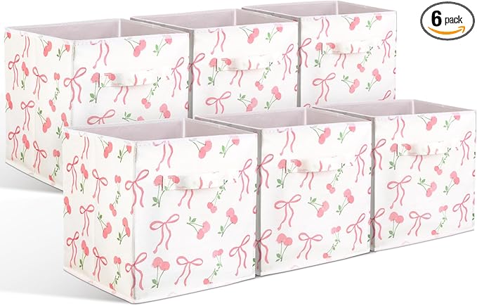 Geelin 6 Pcs Pink Bow Cherry Cube Storage Bins 11 Inch Storage Basket with Handle, Preppy Girls Organizer Basket, Collapsible