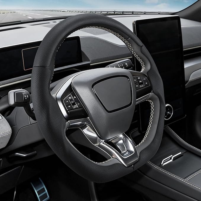 3-Piece Leather Steering Wheel Cover for Ford Mustang Mach-E 2021-2026, Custom Fit Clip-On Quick Installation Ultra-Thin Form-Fitting Interior Car Accessories for Men Women(Black Hole)