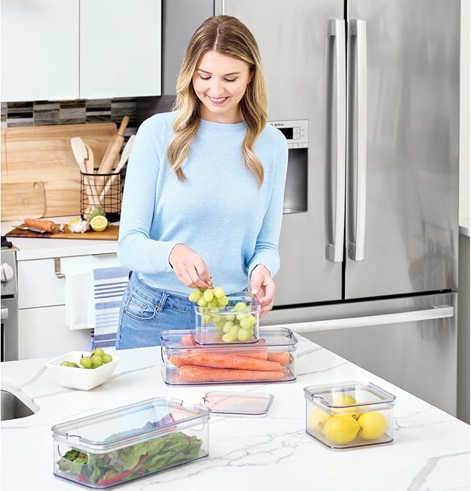 iDesign Crisp 4-Piece Recycled Plastic Refrigerator Organizer Bin Set with Lids, Clear/White