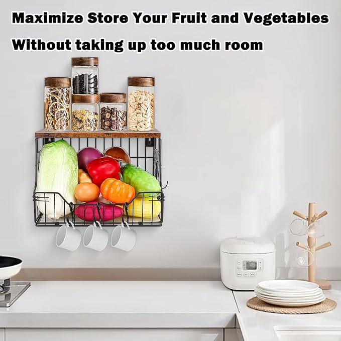 Livabber Fruit Basket for Kitchen, Metal Fruit Vegetable Storage Bin with 2 Banana Hangers, Countertop Wire Basket Organizer 