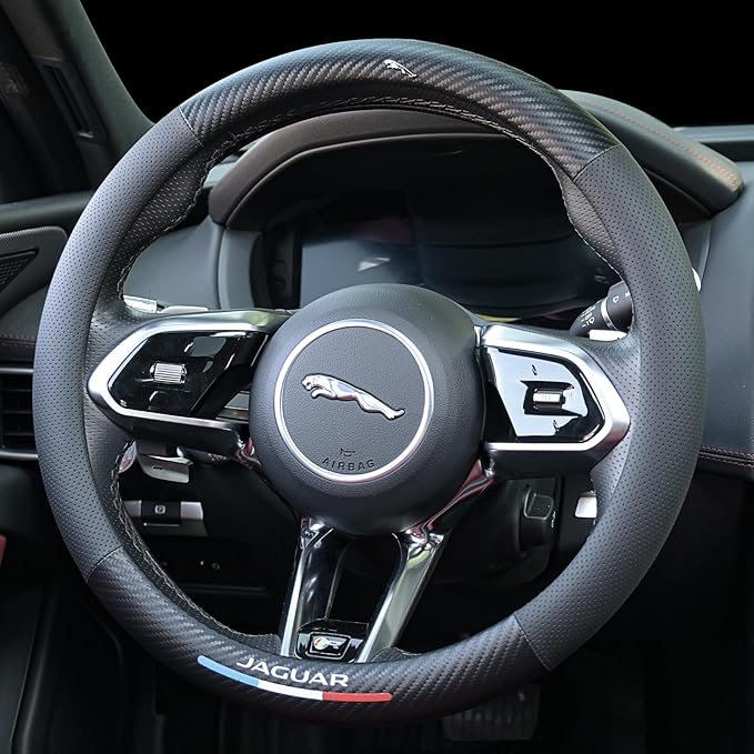 Carbon Fiber Leather Steering Wheel Cover Compatible with Jaguar F-PACE E-PACE XF XE XJ F-Type I-PACE, 14.5"-15" Universal Non-Slip Breathable PU Leather Jaguar Interior Accessories