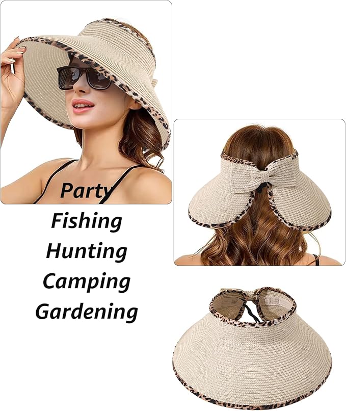 Sun Visor Hat for Women, Wide Brim Straw Summer UV Protection Hat, Foldable Roll-up Packable Beach Cap