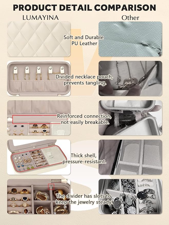 Travel Jewelry Case with Mirror, Quilted Small Jewelry Box Organizer for Women Girls, Portable Earring Necklace Bracelet Ring