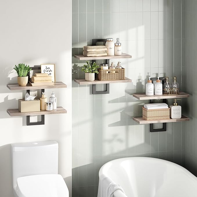 HOOBRO Floating Shelves, 15 Inch Wall Shelf Set of 3, Wall Mounted Storage Shelves 2-Tier, Hanging Bathroom Shelves, for Livi