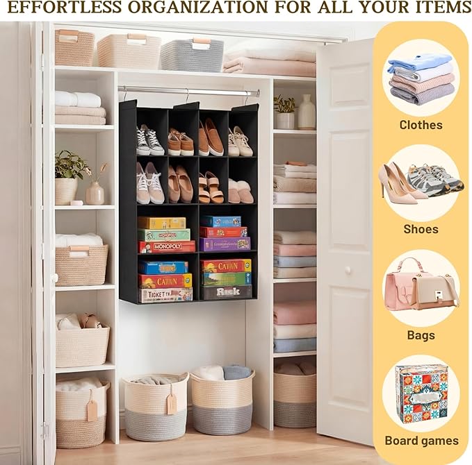 Ofiray-home 4 Tier Hanging Closet Organizer, 12 Compartments Sweater Organizer for Closet with 3 Sturdy Hooks, Closet Organiz