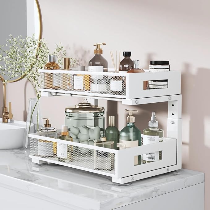 2 Packs 17IN Depth Under Sink Organizer, 2-Tier Pull Out Cabinet Organizer With Smooth Circular Rail, Large Capacity Metal Me