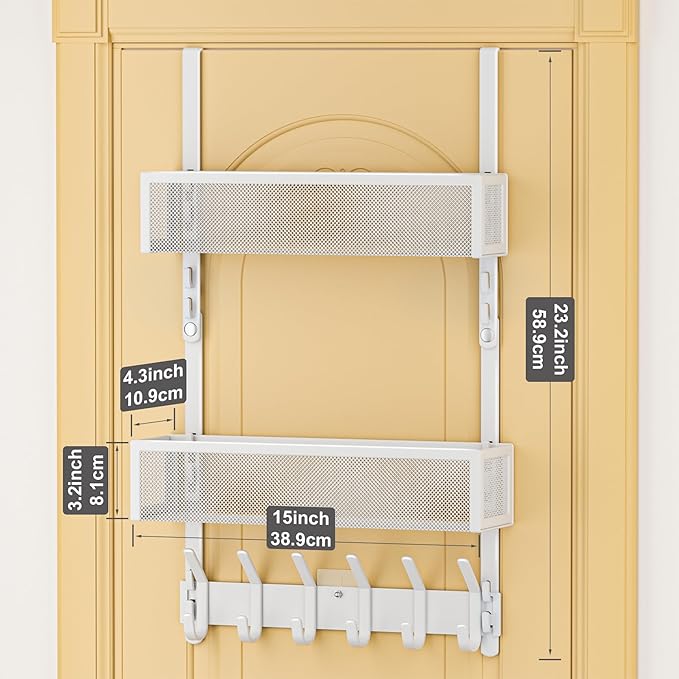 LUCYCAZ Adjustable Over The Door Hooks Organizer, Hanger Storage with 10 Coat Hooks & 2 Mesh Basket, Over The Door Towel Rack