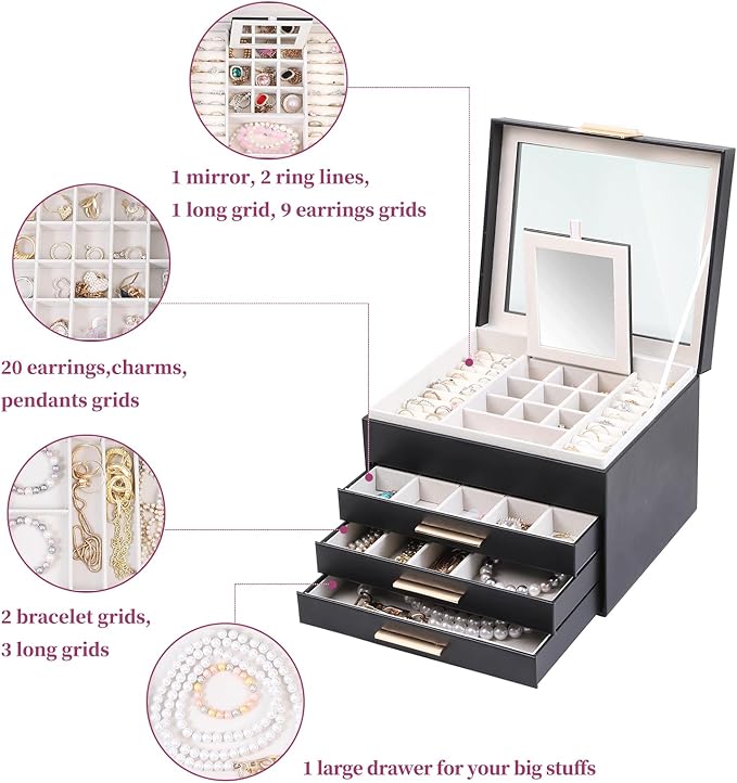 BOOVO Clear Lid Jewelry Box,4 Layers Jewelry Organizer Large Jewelry Storage Box with 3 Drawers,Jewelry Holder Organzier of R