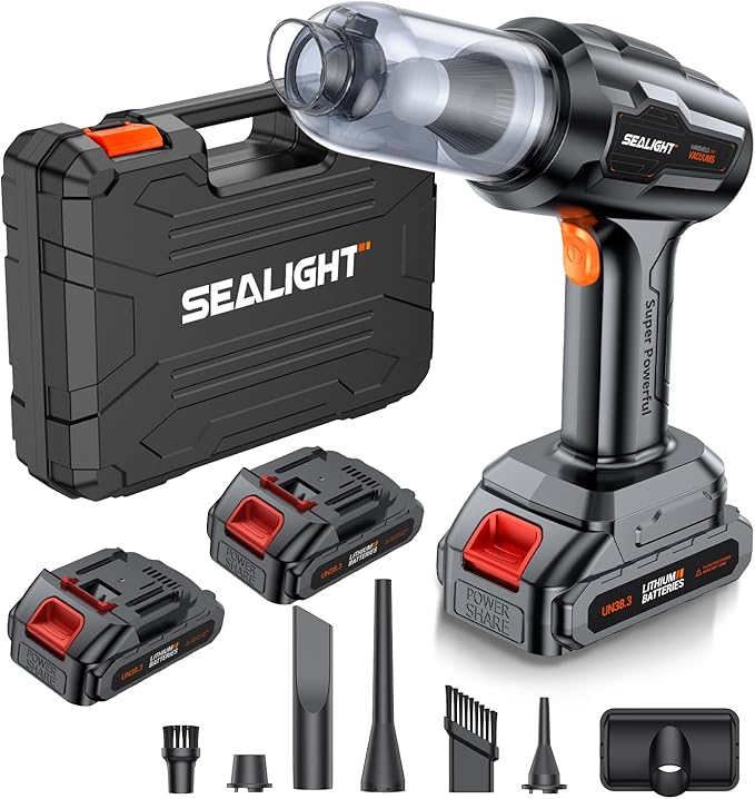 SEALIGHT Car Vacuum Portable Cordless, 21000pa High Power Handheld Car Vacuum, Two Batteries Long Endurance, 18v/120w Portabl