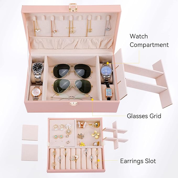 LANDICI Jewelry Box Organizer for Women, 2 Layer 4 Slot Watch Storage Case with Removable Tray, PU Leather Large Jewellery Ho