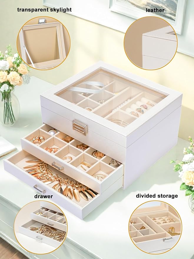 Clear Lid Jewelry Box,3 Layers Jewelry Organizer Large Multi-Functional Jewelry Storage Box with 2 Drawers,Jewelry Display Ca