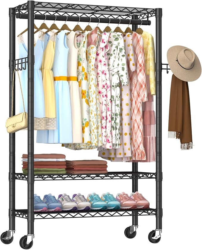 Heavy Duty Clothes Rack Rolling Garment Rack,3 Tier Adjustable Wire Shelving Clothing Racks for Hanging Clothes with Hanger R