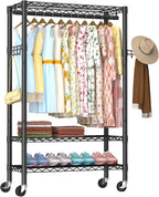 Heavy Duty Clothes Rack Rolling Garment Rack,3 Tier Adjustable Wire Shelving Clothing Racks for Hanging Clothes with Hanger R