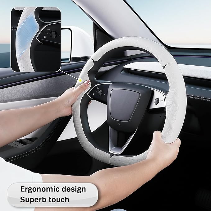Steering Wheel Cover for Tesla Model 3 2024-Present Highland/Tesla Model Y Juniper 2025-Present, Leather Steering Wheel Cover for Tesla Model 3 Highland/Y Juniper Accessories, White